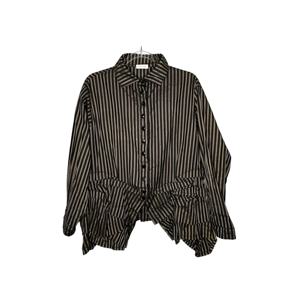 Krista Larson | Japanese Striped Cotton Pintuck Ruffled Button Up Blouse